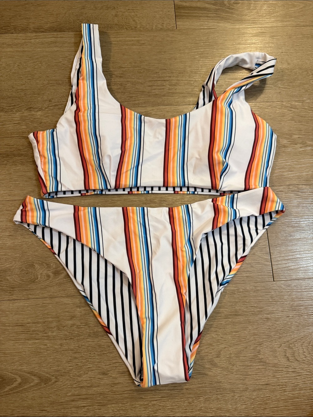 Kids Striped Rainbow Bikini Set - White with Orange, Blue & Yellow Stripes
